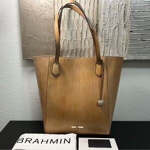 Brahmin Jayden TAN / YELLOW BLONDE Woodgrain Look Leather Tote Shoulder Bag